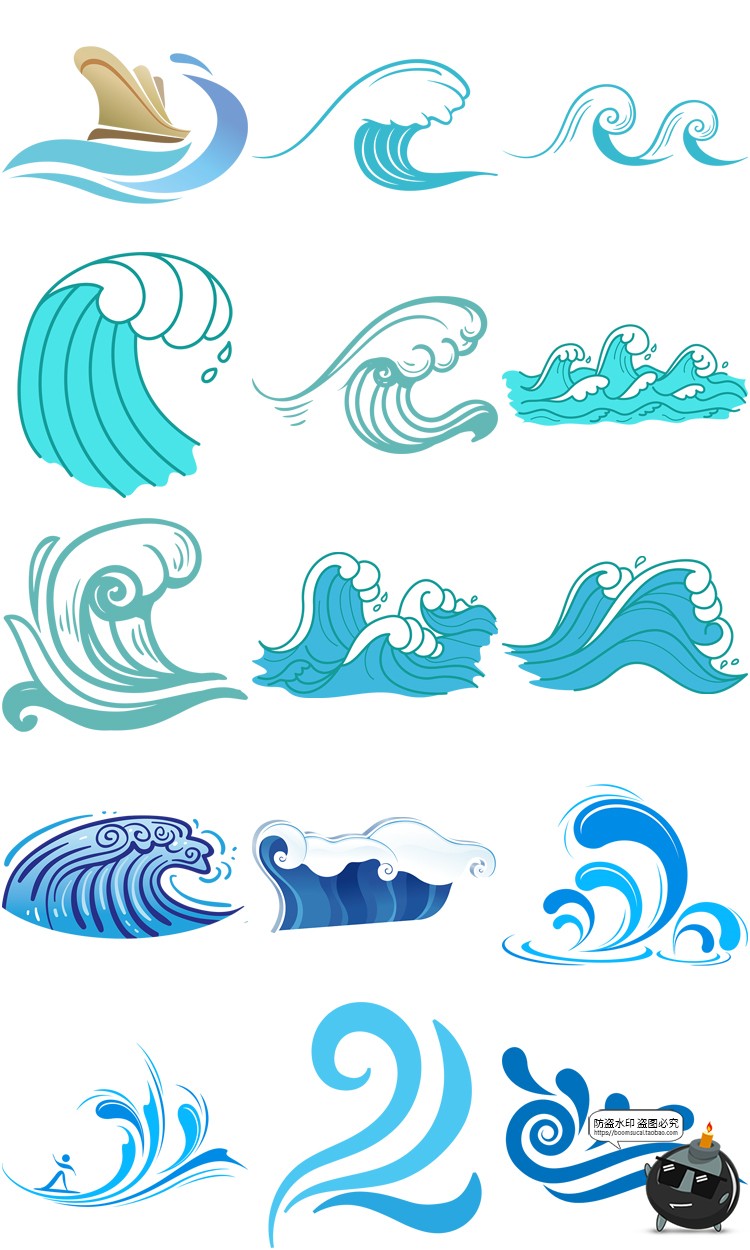 图片[17]-卡通手绘蓝色大海海洋海浪浪花波浪海水水花波纹背景PNG免抠素材-设计猿