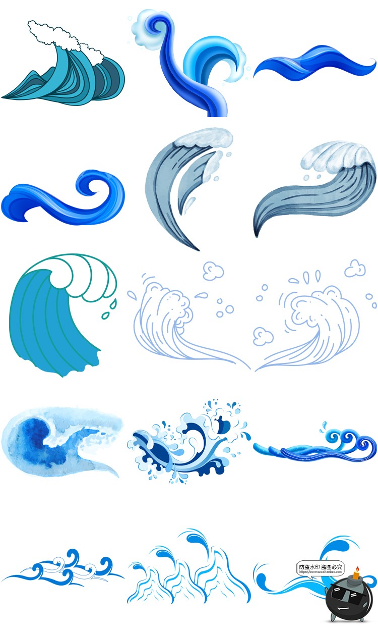 图片[22]-卡通手绘蓝色大海海洋海浪浪花波浪海水水花波纹背景PNG免抠素材-设计猿