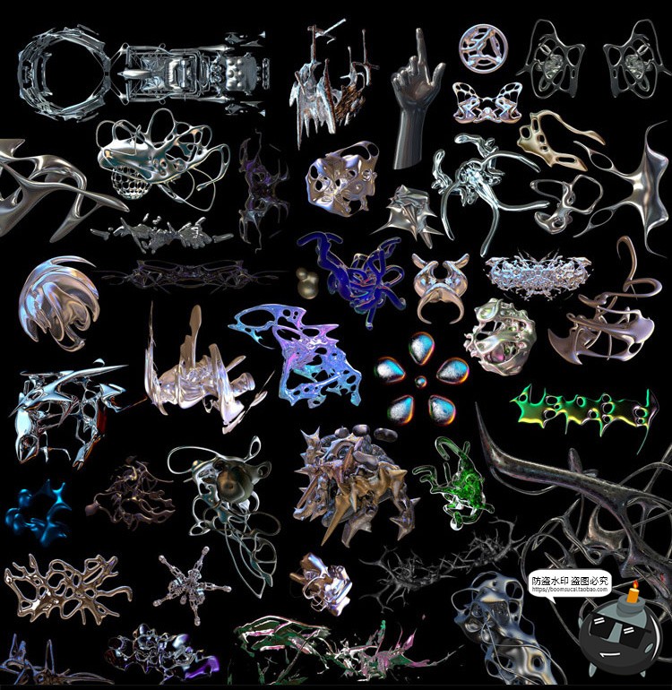 图片[2]-复古未来酸性艺术抽象金属镀铬有机形状图片后期合成PNG免抠素材-设计猿