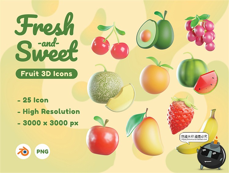 图片[1]-3D水果图标牛油果苹果猕猴桃西瓜草莓香蕉PNG免抠APPUI标icon素材-设计猿