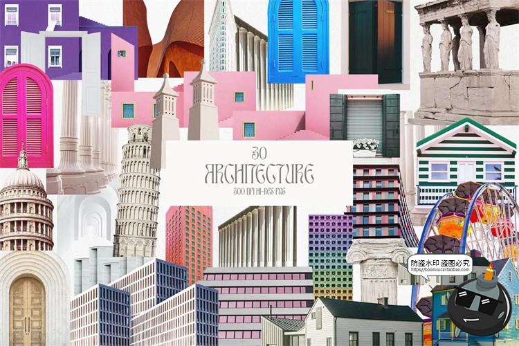 图片[5]-复古学院派孟菲斯蒸汽波人物风景水果车辆建筑剪贴画PNG免抠素材-设计猿