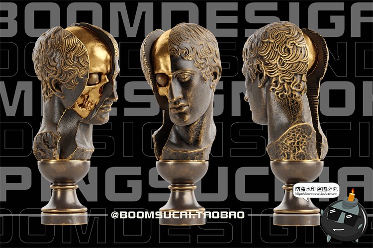 图片[1]-蒸汽青铜朋克3D立体抽象人物头部欧雕塑多角度PNG免抠元素素材-设计猿