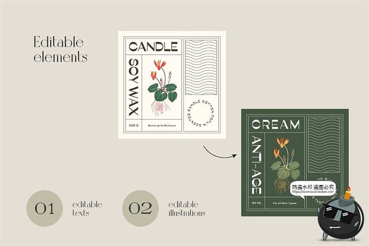 图片[6]-复古文艺花卉美妆香薰产品包装标签贴纸排版AI矢量PSD模板PS素材-设计猿