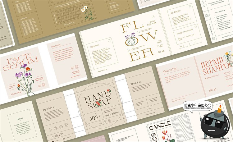 图片[10]-复古文艺花卉美妆香薰产品包装标签贴纸排版AI矢量PSD模板PS素材-设计猿