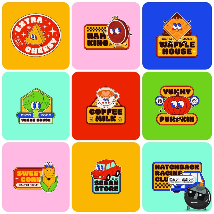 图片[2]-港式潮流卡通形象复古不干胶贴纸潮牌插图插画PSD模板AI矢量素材-设计猿