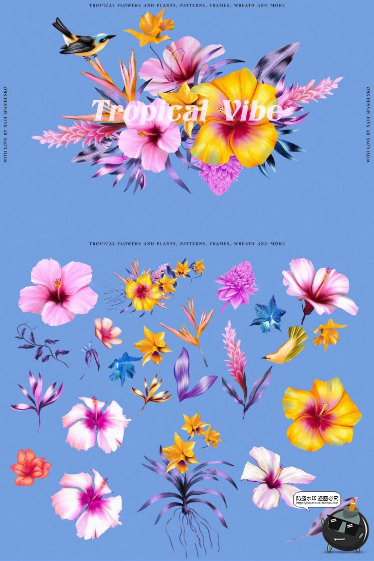 图片[3]-潮流复古宫廷热带丛林花卉植物插画拼贴图案元素PNG免抠图片素材-设计猿