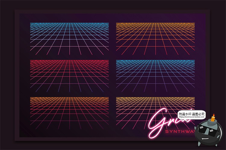 图片[8]-复古霓虹光元素城市景观汽车日出山脉网格图形标志PNG免抠AI素材-设计猿