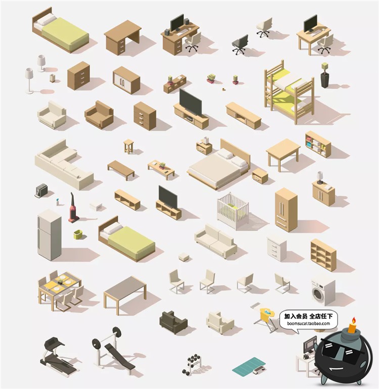 图片[2]-2.5D家具家居元素家电运动器材游戏等距元素设计图标PNG/AI素材-设计猿