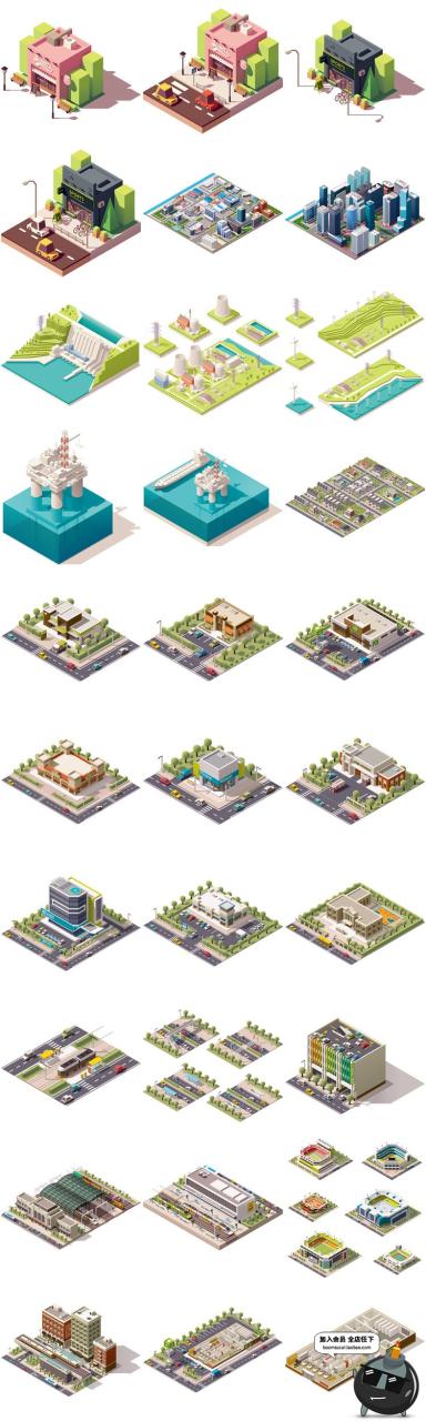 图片[2]-2.5D立体等距建筑场景方块元素图案房屋Ui创意装饰卡通AI矢量素材-设计猿