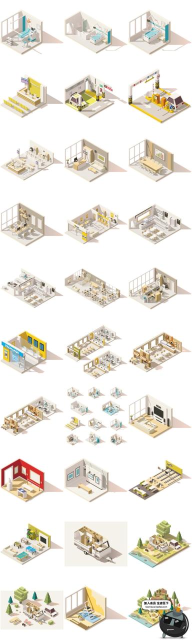 图片[5]-2.5D立体等距建筑场景方块元素图案房屋Ui创意装饰卡通AI矢量素材-设计猿