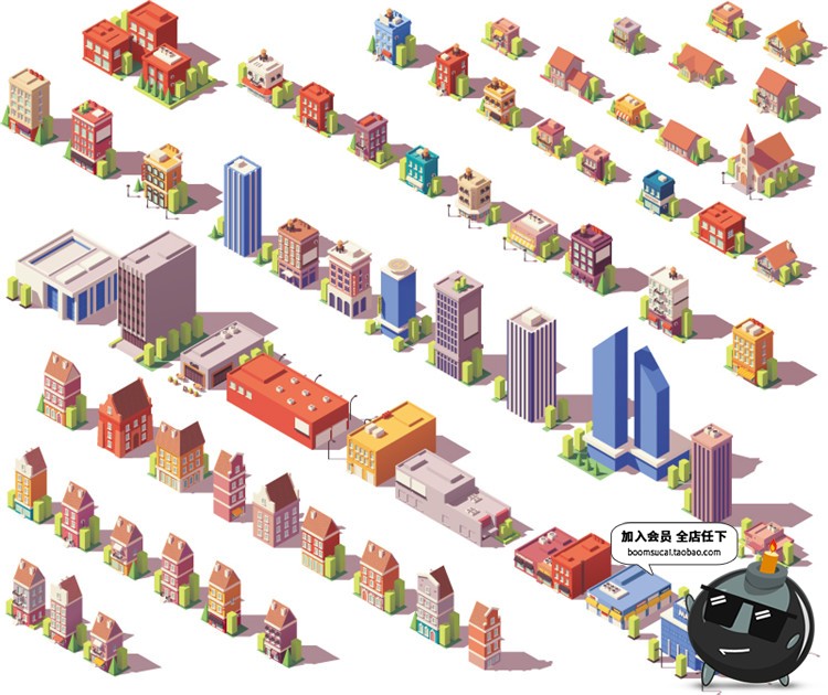 图片[11]-2.5D立体等距建筑场景方块元素图案房屋Ui创意装饰卡通AI矢量素材-设计猿