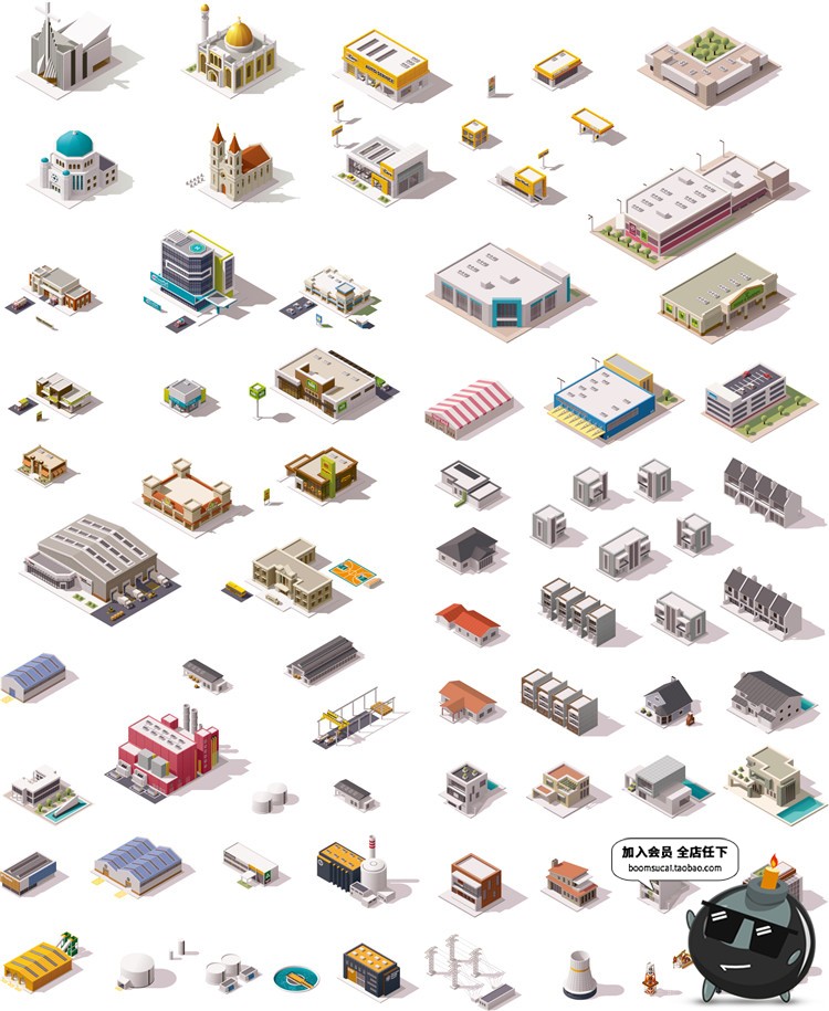 图片[25]-2.5D立体等距建筑场景方块元素图案房屋Ui创意装饰卡通AI矢量素材-设计猿