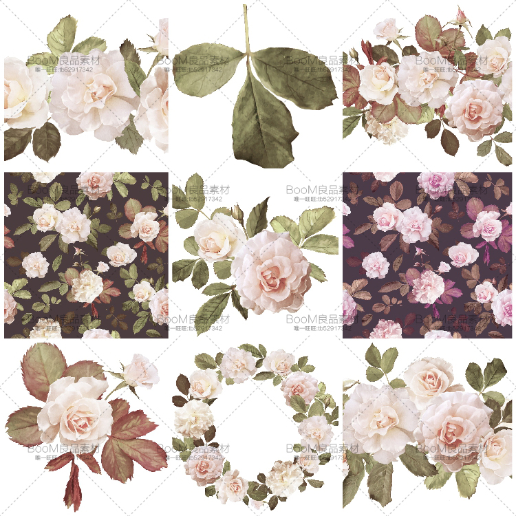 图片[3]-复古淡雅写实玫瑰花朵叶子婚礼请柬卡片PSD背景PNG免抠设计PS素材-设计猿