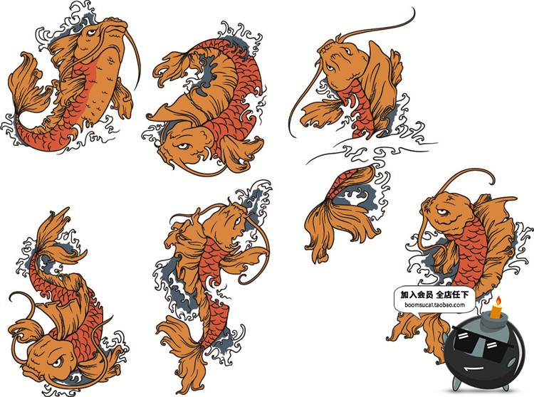 图片[3]-日式传统水彩绘画鲤鱼锦鲤鱼跳水跃龙门效果图案AI矢量设计素材-设计猿