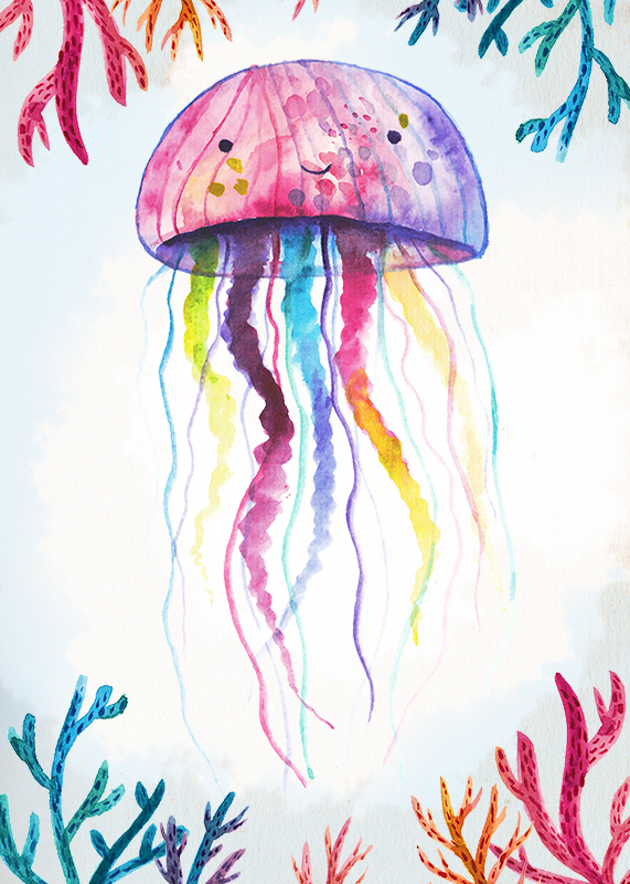 图片[1]-清新手绘水彩风海洋生物鱼儿水母背景图案PNG免抠美化AI设计素材-设计猿