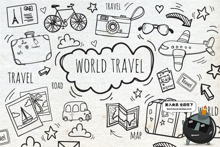 图片[1]-手绘黑白涂鸦简笔画装饰元素旅行夏日热气球图案PNG/AI素材矢量图-设计猿