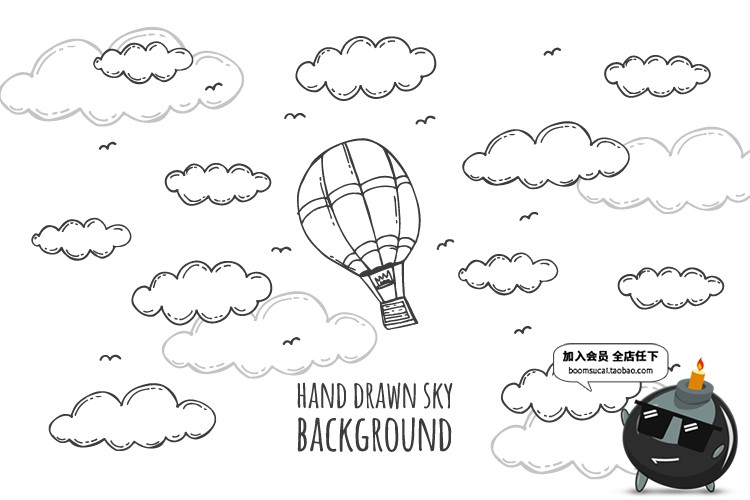 图片[2]-手绘黑白涂鸦简笔画装饰元素旅行夏日热气球图案PNG/AI素材矢量图-设计猿
