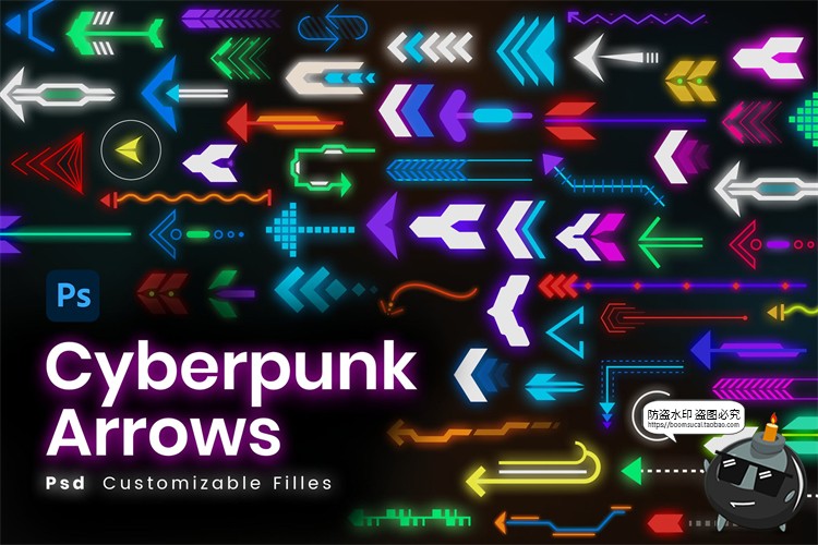 图片[1]-未来科幻赛博朋克导视指示牌箭头图标霓虹风PSD模板源文件PS素材-设计猿