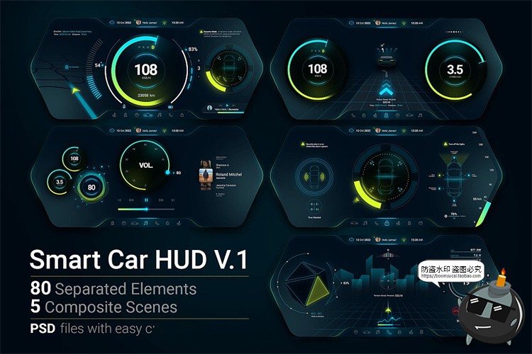 图片[1]-新能源智能汽车自动驾驶仪表盘屏幕HUD概念车机UI组件PSD模版素材-设计猿