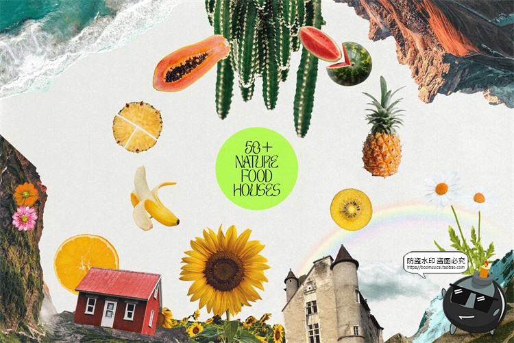 图片[2]-奇幻大自然拼贴剪贴画复古动物食物行星建筑元素PNG免抠图PS素材-设计猿