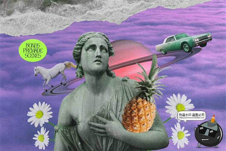 图片[11]-奇幻大自然拼贴剪贴画复古动物食物行星建筑元素PNG免抠图PS素材-设计猿