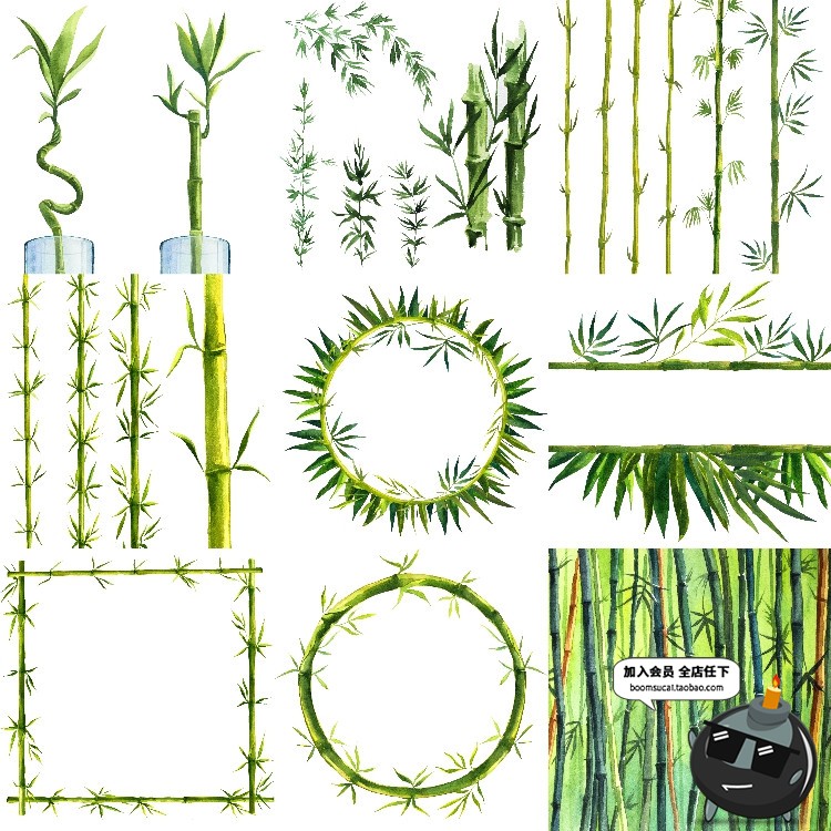 图片[1]-手绘水彩植物竹节竹子绿色植物竹叶装饰背景图案矢量AI设计素材-设计猿