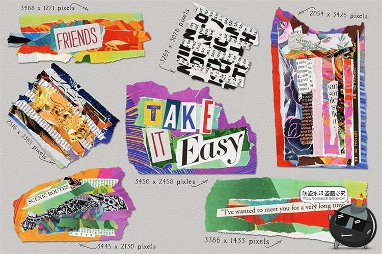 图片[3]-杂志风彩色碎纸张拼贴手帐剪切画剪贴画背景底纹装饰PNG免抠素材-设计猿