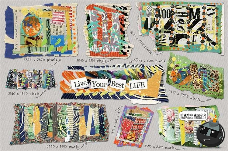 图片[6]-杂志风彩色碎纸张拼贴手帐剪切画剪贴画背景底纹装饰PNG免抠素材-设计猿