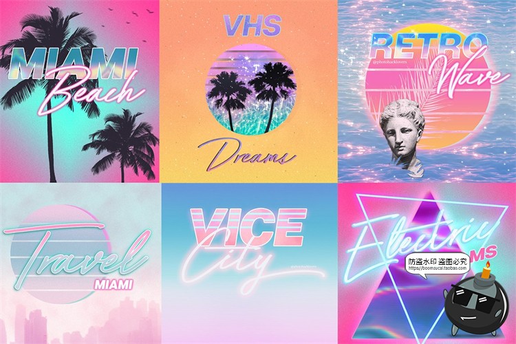 图片[2]-迈阿密蒸气波专题霓虹背景特效字柔和美学艺术浪漫PSD模板素材-设计猿