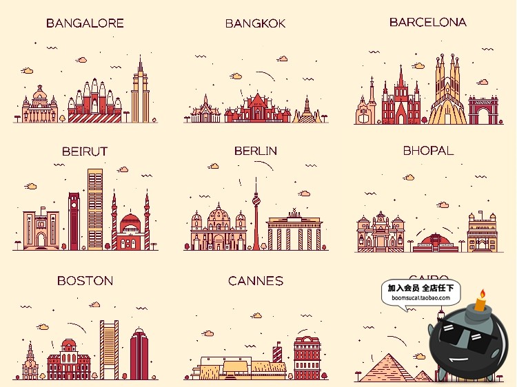 图片[1]-世界各国标志性建筑地标手绘插画配图扁平线条图ai矢量png素材-设计猿