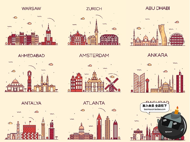 图片[2]-世界各国标志性建筑地标手绘插画配图扁平线条图ai矢量png素材-设计猿