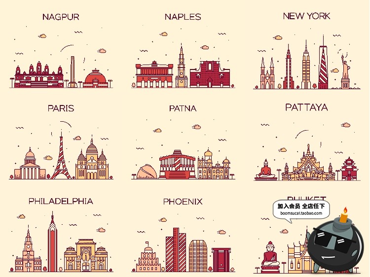 图片[3]-世界各国标志性建筑地标手绘插画配图扁平线条图ai矢量png素材-设计猿