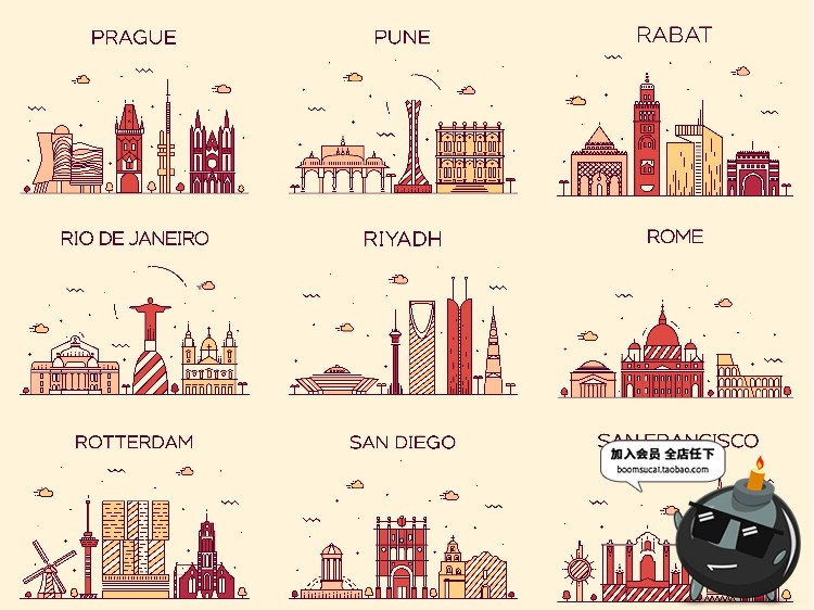 图片[4]-世界各国标志性建筑地标手绘插画配图扁平线条图ai矢量png素材-设计猿