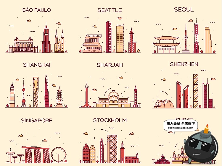 图片[5]-世界各国标志性建筑地标手绘插画配图扁平线条图ai矢量png素材-设计猿