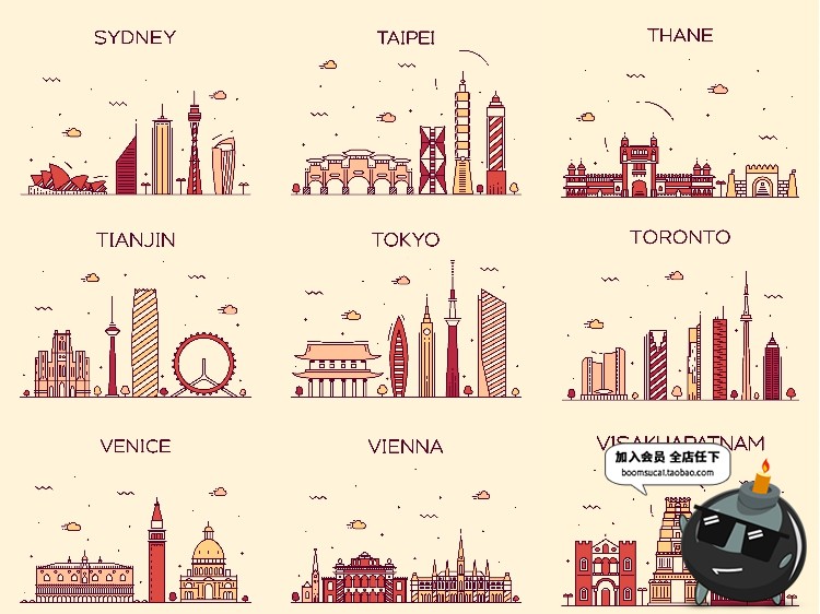 图片[6]-世界各国标志性建筑地标手绘插画配图扁平线条图ai矢量png素材-设计猿