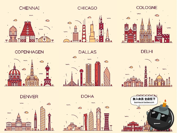 图片[7]-世界各国标志性建筑地标手绘插画配图扁平线条图ai矢量png素材-设计猿