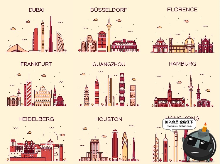 图片[8]-世界各国标志性建筑地标手绘插画配图扁平线条图ai矢量png素材-设计猿