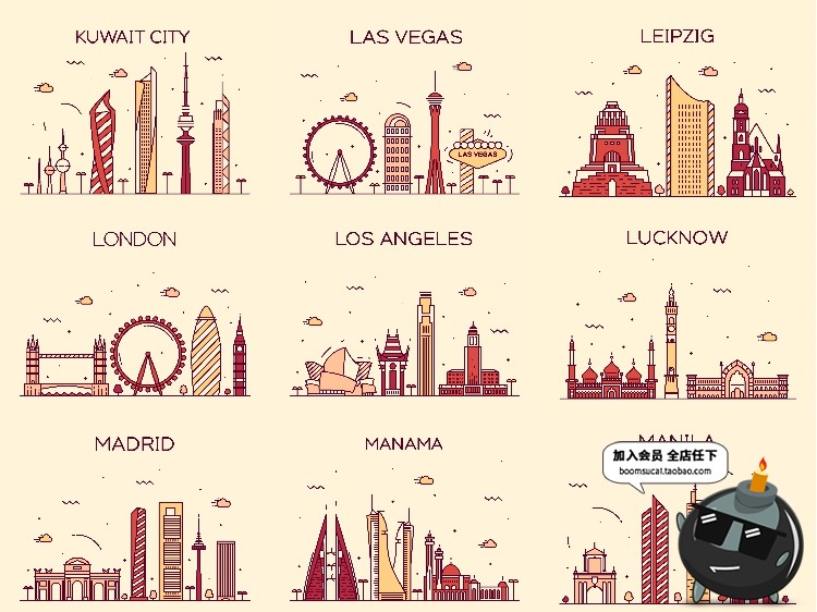 图片[9]-世界各国标志性建筑地标手绘插画配图扁平线条图ai矢量png素材-设计猿