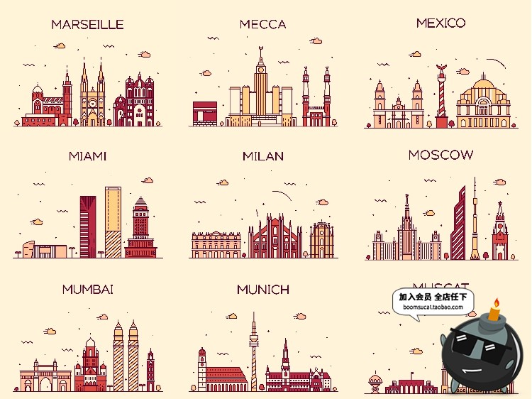 图片[10]-世界各国标志性建筑地标手绘插画配图扁平线条图ai矢量png素材-设计猿