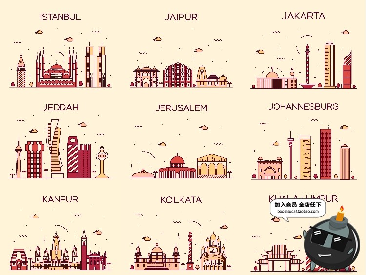 图片[11]-世界各国标志性建筑地标手绘插画配图扁平线条图ai矢量png素材-设计猿