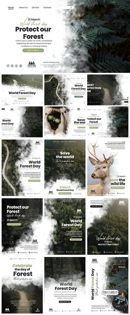 图片[1]-户外露营森林绿植物动物海报展板树叶图文排版海报PSD模板PS素材-设计猿