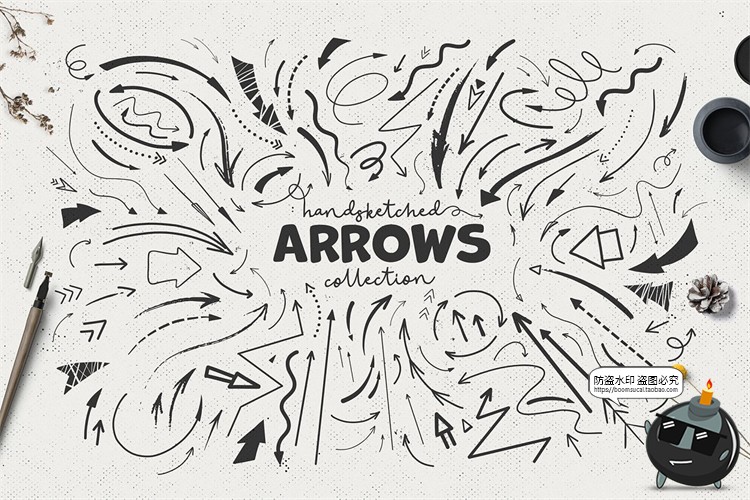 图片[1]-手绘箭头卡通扭曲弯曲箭头指向标志AI矢量PNG免抠装饰元素素材-设计猿