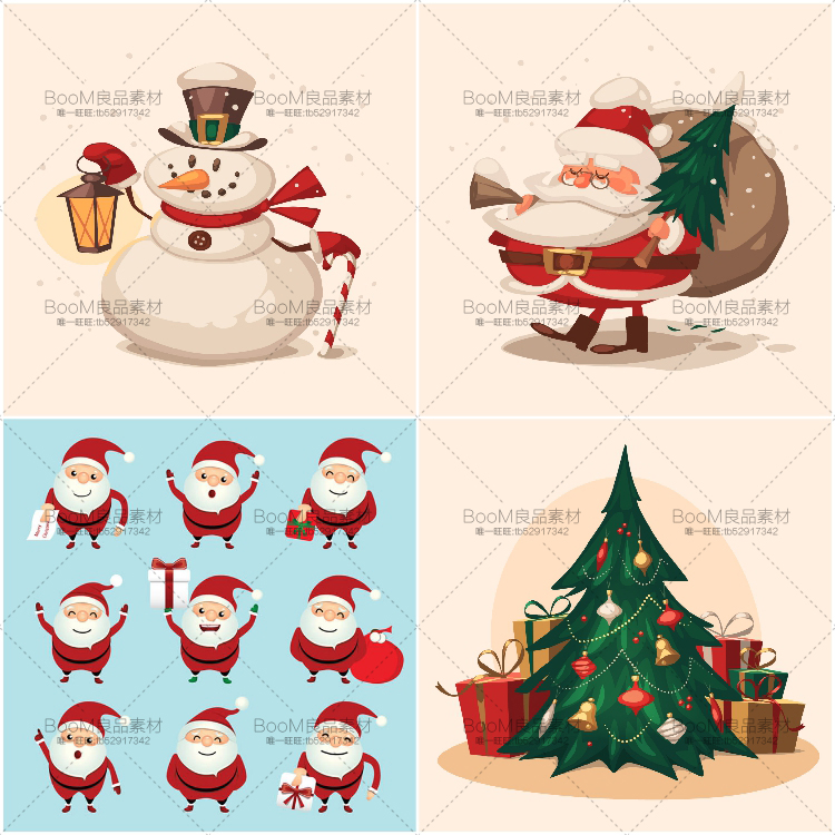 图片[1]-卡通新年圣诞节老人礼物雪人圣诞树装饰彩球背景AI矢量设计素材-设计猿