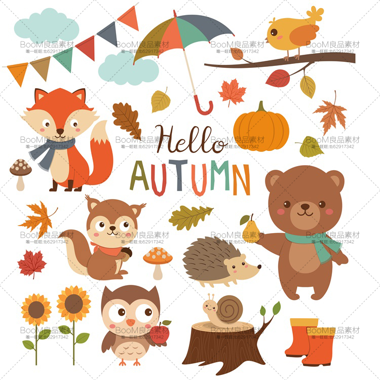 图片[1]-卡通可爱日韩秋插画兔子动物猫头鹰狐狸刺猬松鼠手账AI矢量图素材-设计猿