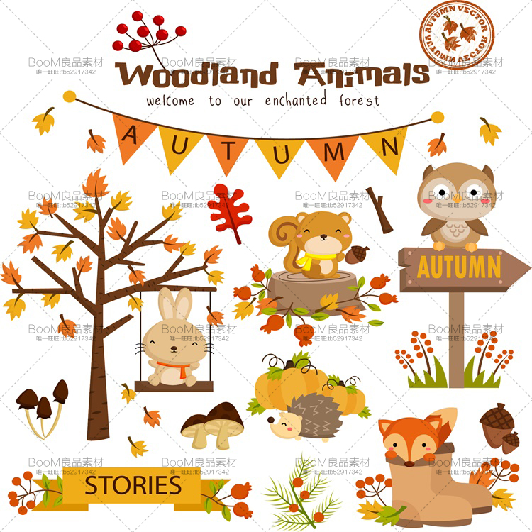 图片[4]-卡通可爱日韩秋插画兔子动物猫头鹰狐狸刺猬松鼠手账AI矢量图素材-设计猿