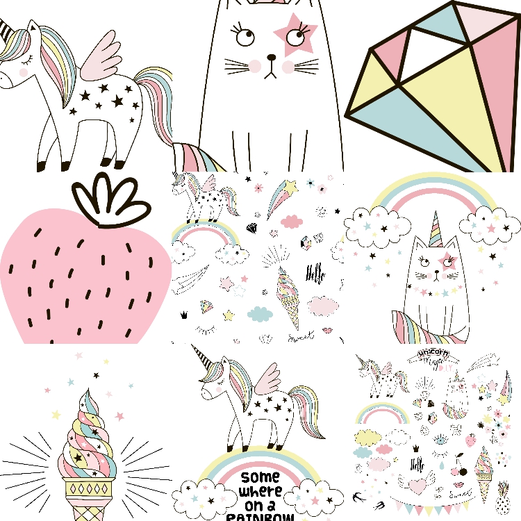 图片[1]-清新卡通独角兽小猫彩虹花朵云朵冰淇淋星星PNG免扣AI矢量图素材-设计猿
