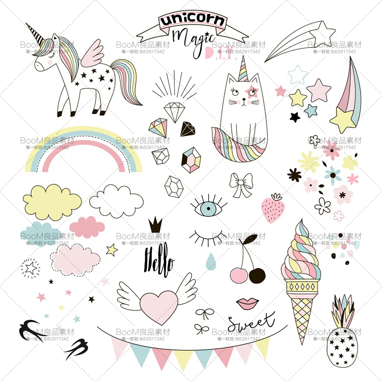 图片[2]-清新卡通独角兽小猫彩虹花朵云朵冰淇淋星星PNG免扣AI矢量图素材-设计猿