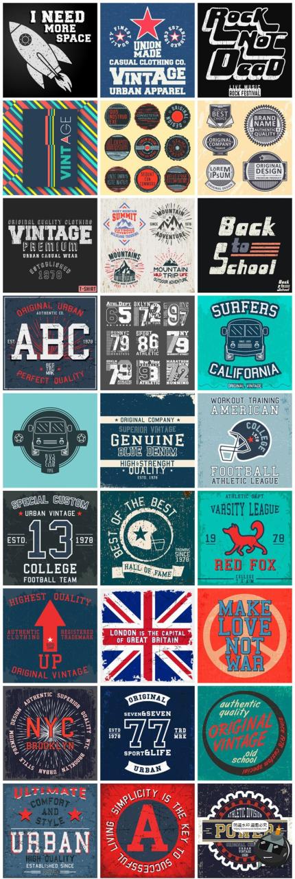 图片[1]-复古经典字母数字徽标徽章服装T恤潮流印花图案装饰画AI矢量素材-设计猿