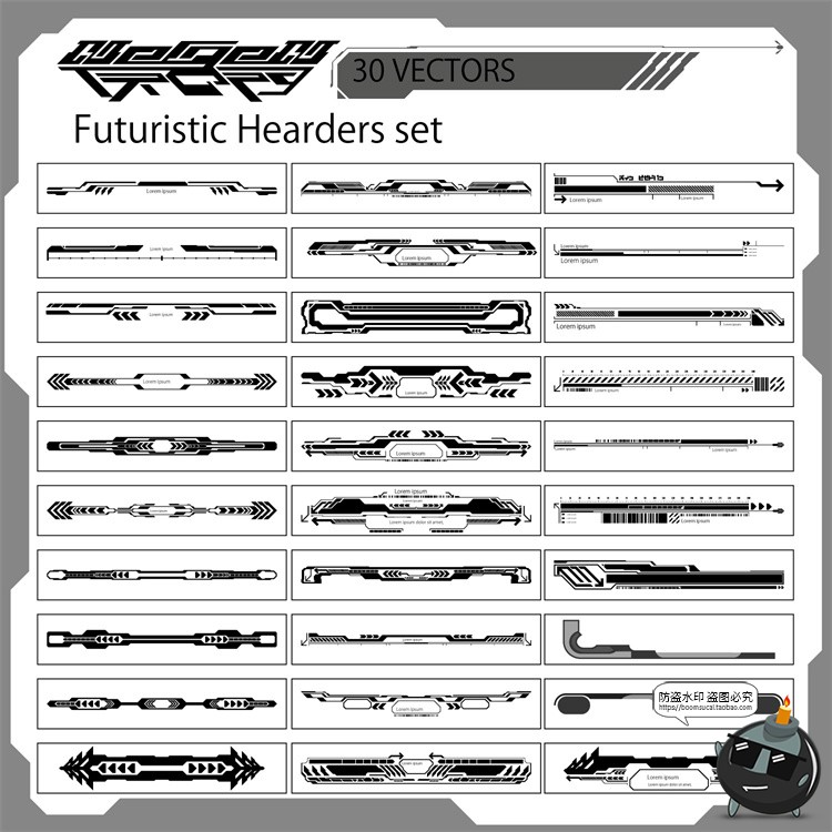 图片[1]-未来派机能赛博朋克科技科幻HUD界面边框装饰图案AI矢量PNG素材-设计猿