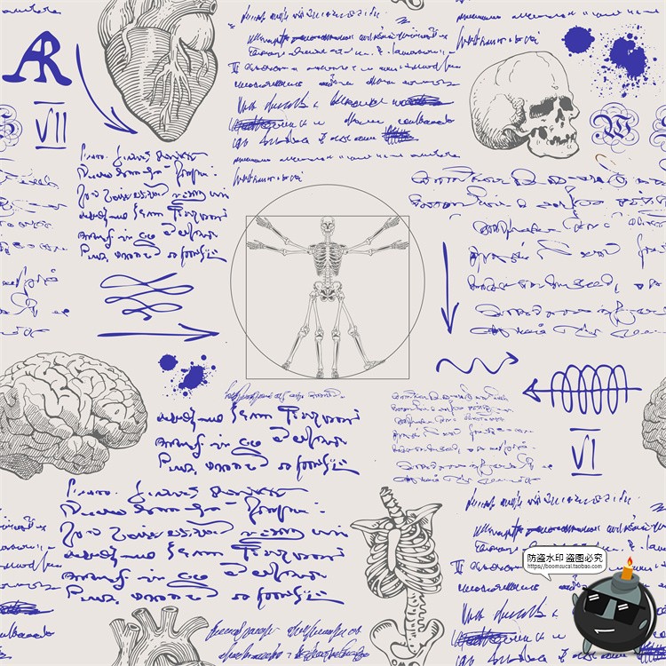 图片[1]-怀旧复古手绘欧美插画草图元素无缝图案背景底纹AI矢量JPG图素材-设计猿